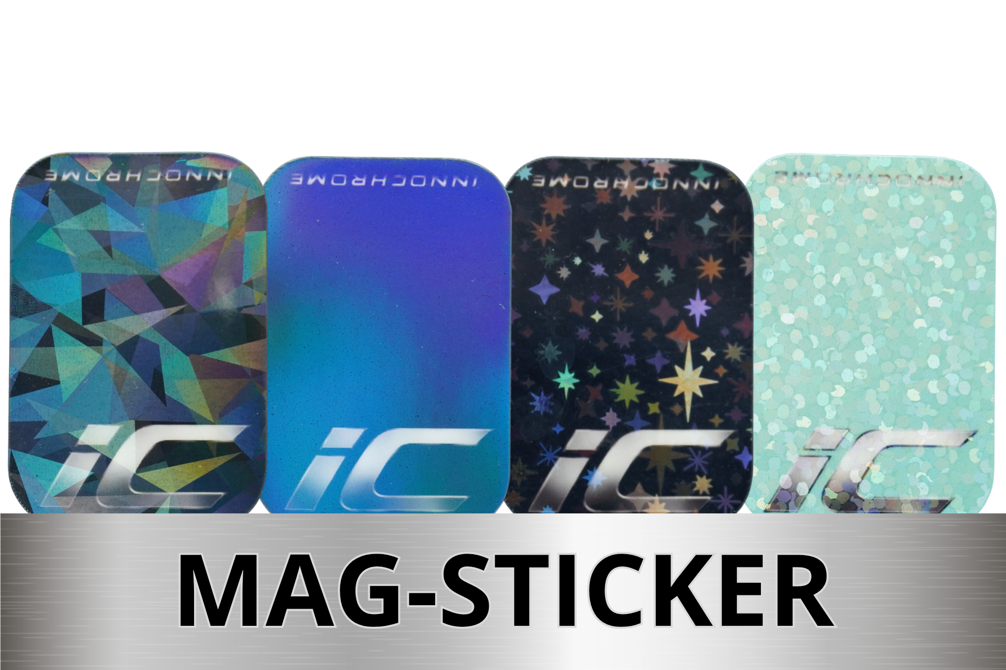 Vier Mag-Sticker mit Innochrome-Logo in den Effekten Broken Glass, Rainbow, Stars und Sparkle